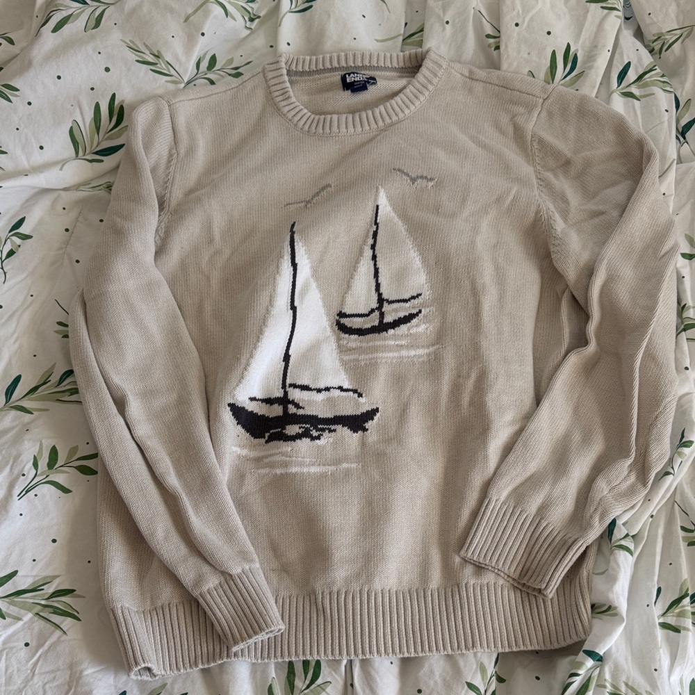 Lands' End Beige Crewneck Sweater with Sailboat Design